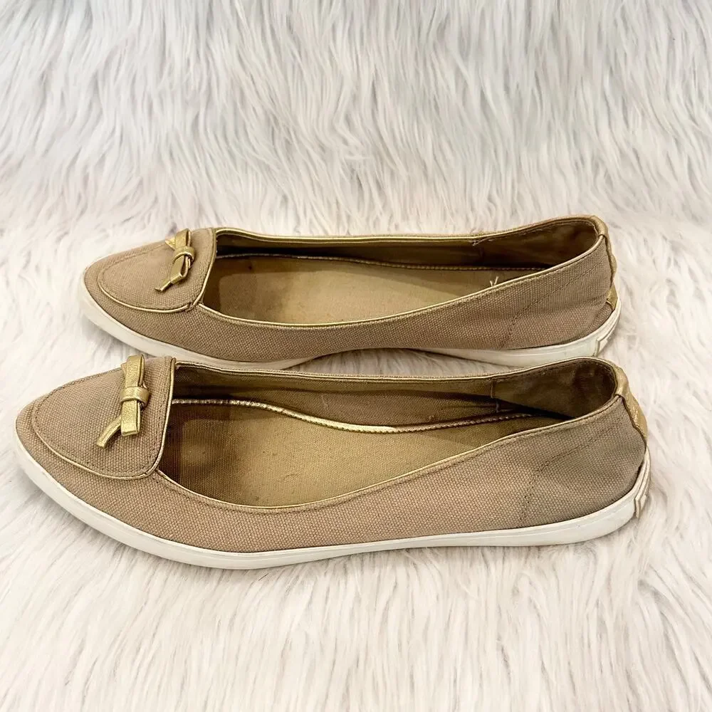 Tory Burch Dakota Flats Sneaker Canvas Leather Bow Logo Shoes, Tan/ Gold